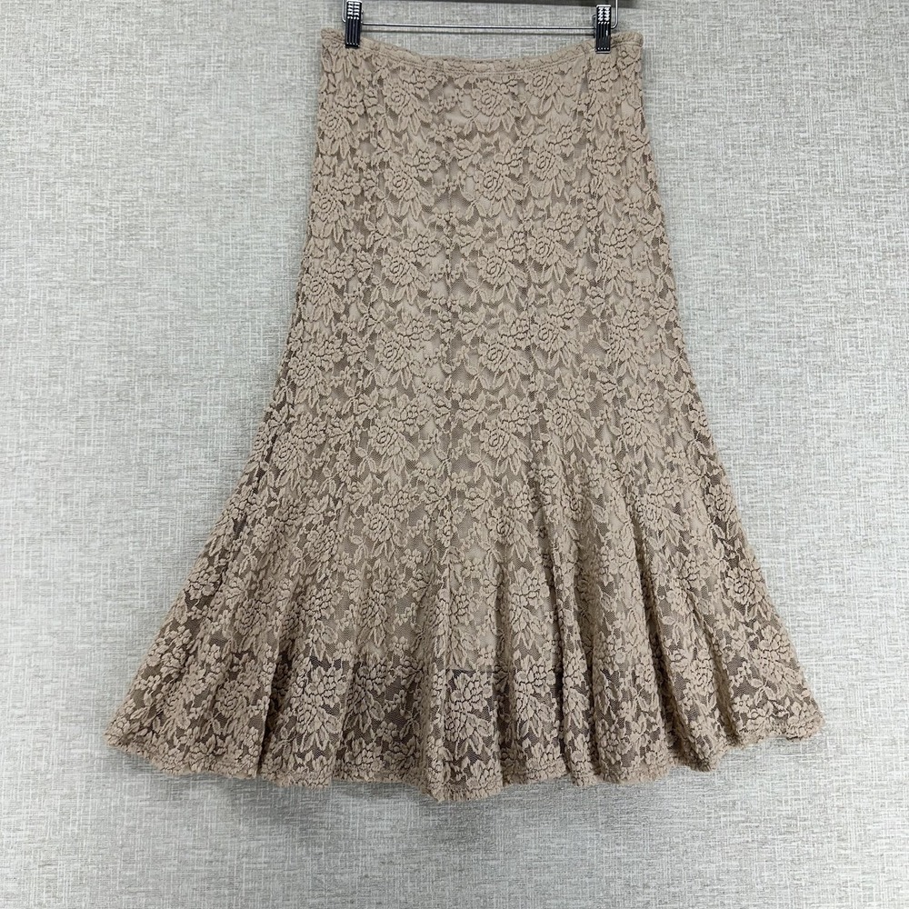 ICY Skirt Womens Large Beige Floral Lace Flare Midi Lined Elastic Waist Stretch